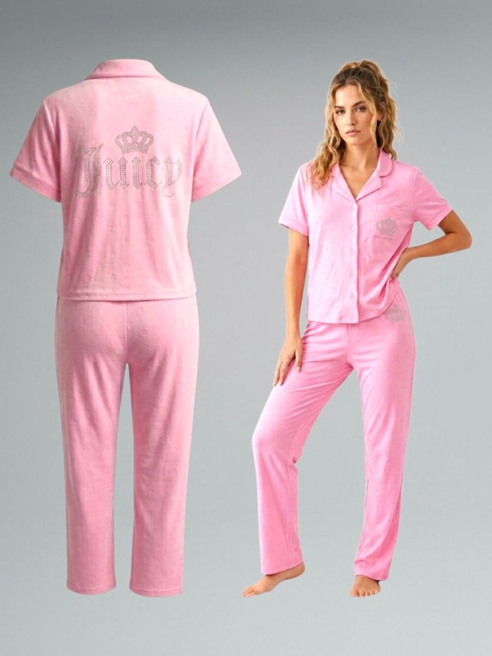 Juicy Couture Velour Rhinestone Back Logo Y2K Aesthetic  Lounge Pajama Set - LGE
